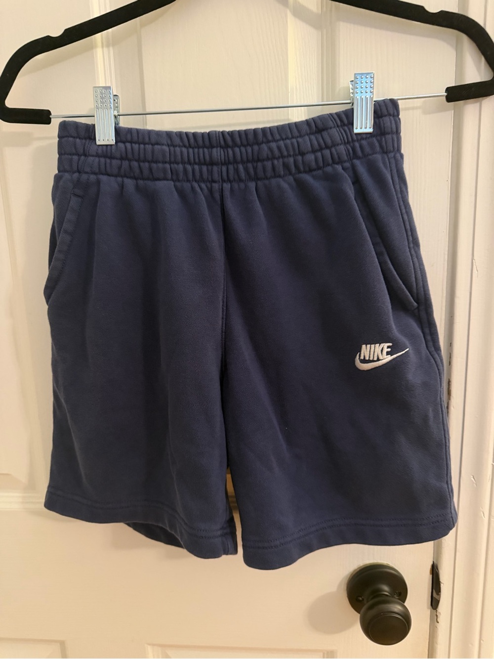 Nike Kids Navy Blue Fleece Shorts with White Swoosh